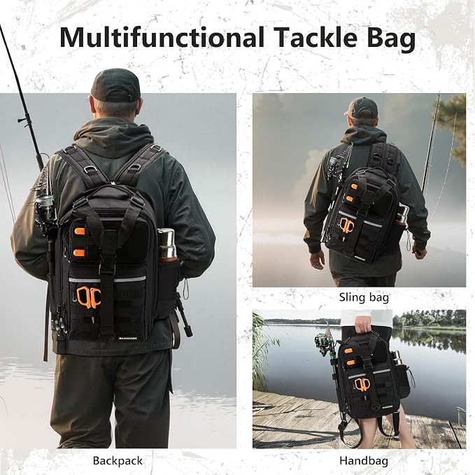 BASSDASH Convertible Fishing Backpack Sling Bag with Rod Holder, Adjustable Tactical Water-Resistant Tackle Storage Pack FP07