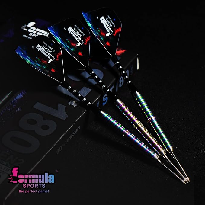 Formula Sports 90% Tungsten Steel Tip Darts Set - Professional Darts Metal Tip Set Available in 21g/22g/23g/24g, with Aluminum Shafts, Tungsten Barrels, Extra Flights, Sharpener