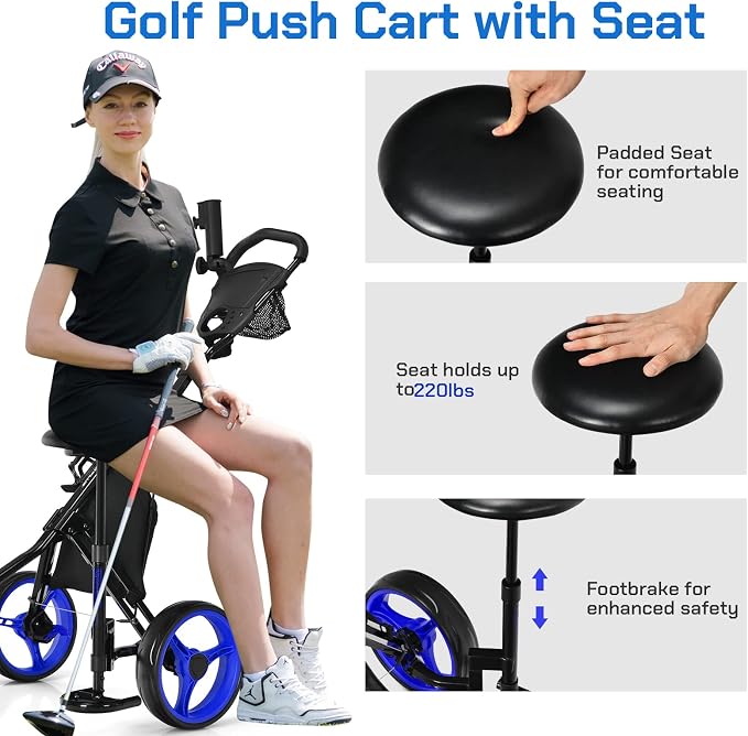 Golf Push Carts 3 Wheel Folding-Collapsible Lightweight Push Cart with Seat for Golf Clubs, Foot Brake/Umbrella Holder- 4 Height Position Handle