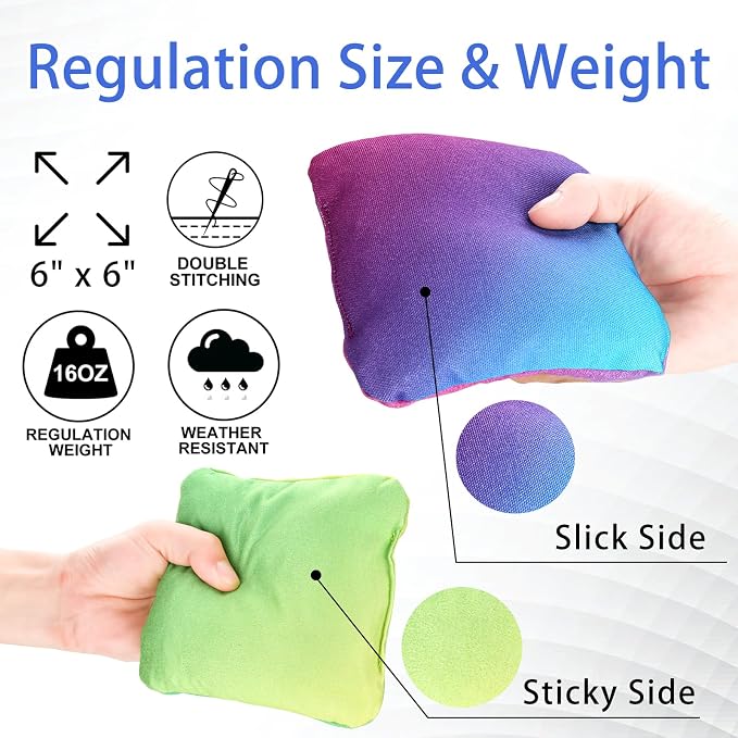 EunHo Double Sided Set of 8 Cornhole Bags Regulation Size & Weight Sticky and Slick Professional Corn Hole Bean Bags Multicolored