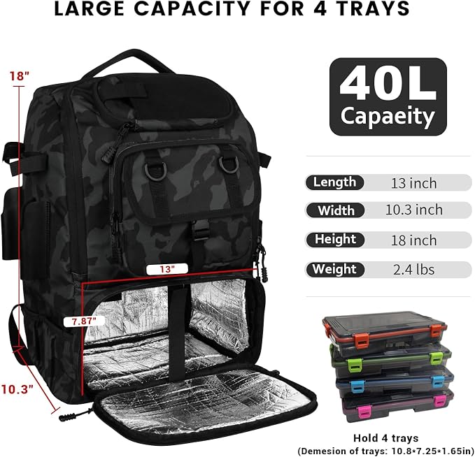 Hp hope Fishing Backpack with Rod Holders & Cooler, 40L Fishing Tackle Bag Fishing Tackle Storage Backpack Fishing Gear for Camping, Black Camo