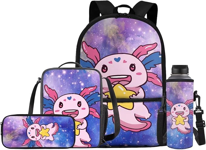 Axolotl Backpack for Kids School Bag with Lunch Bag Boys Girls Bookbag with Lunch Box Pencil Case Water Bottle Holder 4 PCS Back to School Supplies, Cute Axolotl with Stars Print