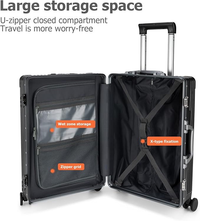 feilario Aluminium Frame PC Hard Shell Spinner Wheels Luggage,22.5"X15"X9.5" Airline Approved Built-In TSA lock Carry on Suitcase, with Cup Holder, USB Port, Phone Holder