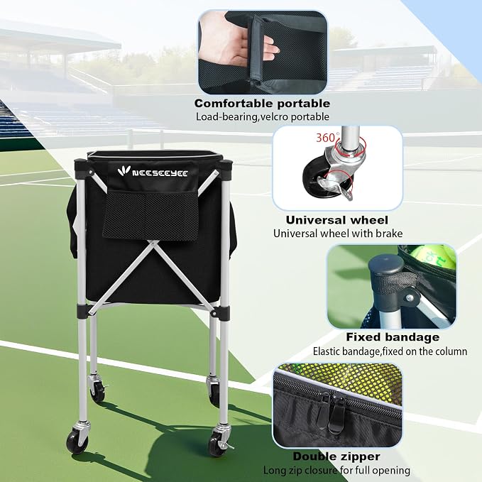 Sturdy Pickleball Tennis Ball Hopper - Foldable Lightweight Tennis Cart Holds 240 Tennis/180 Pickleballs with Removable Bag, Wheels, Side Pocket for Training/Teaching