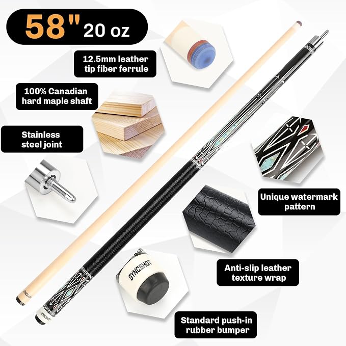Professional Pool Cue Stick with Hard Case, 58" Canadian Maple Billiard Cue & 12.5mm Multi-Layer Rainbow Tip, Pool Cue Set with 3 Accessories, 19/20/21oz Billiard Stick (Selectable)
