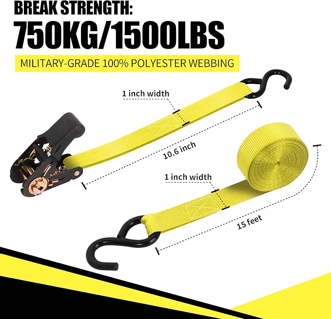 Cartman Ratchet Tie Down, 8Pk 15Ft, 500Lbs Load Cap/ 1500Lbs Break Strength, Cargo Straps for Moving Appliances, Lawn Equipment, Motorcycle in a Truck, with Carry Bag