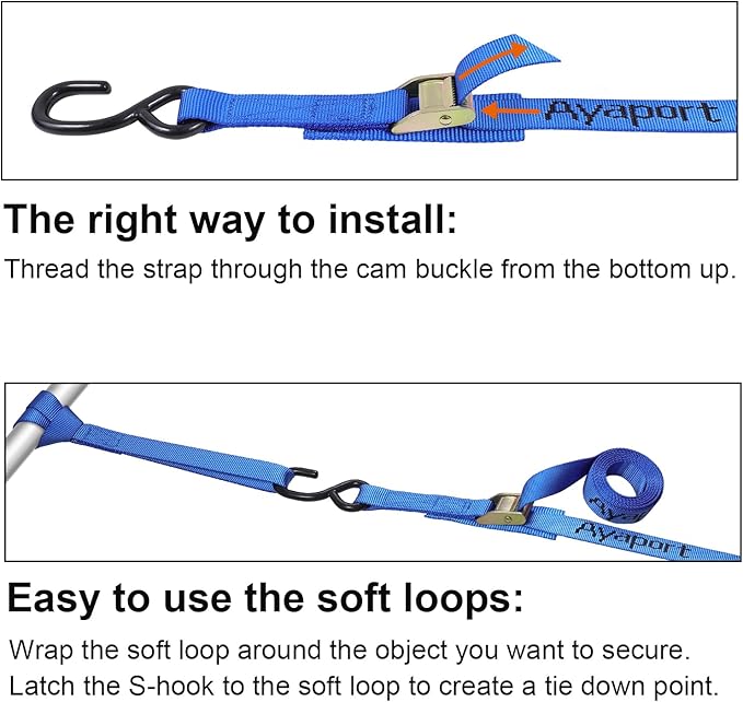 Ayaport Cam Buckle Tie Down Straps 6 feet 2200lbs Break Strength Blue Securing Straps with S Hooks for Motorcycle, Kayak, Car, Truck, Dirt Bike