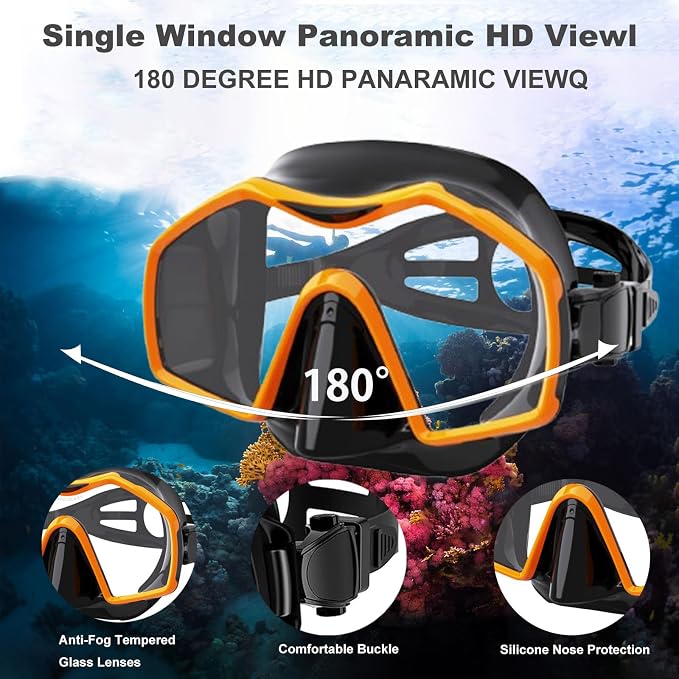 Snorkeling Gear for Adults,Mask Fins Snorkel Set,Panoramic View Diving Mask Anti-Fog,Dry Snorkel,Adjustable Swim Flippers and Travel Bag,Adults Snorkel Gear for Swimming Snorkeling Diving