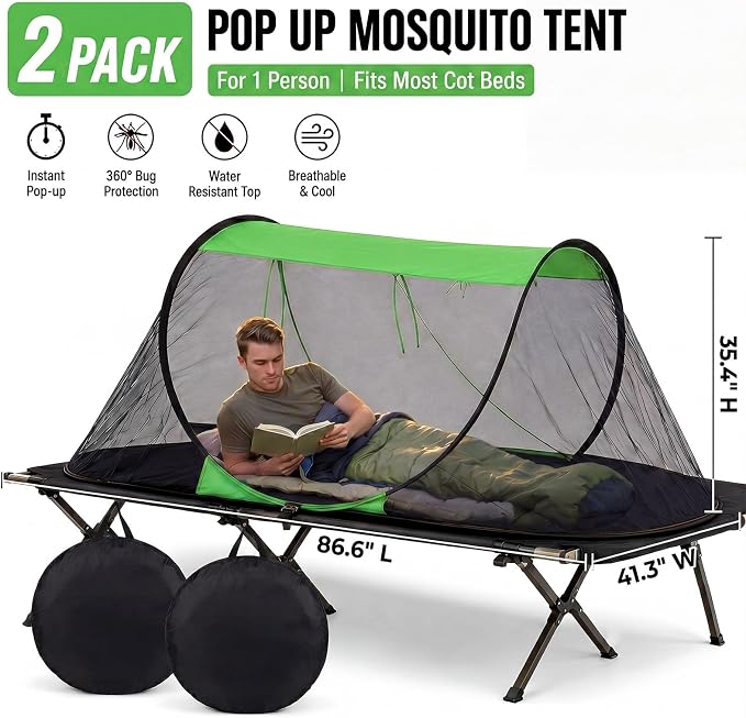 2 Pack Pop up Mosquito Tent for Camping 1 Person Instant Setup Foldable Bug Net Cot Tent with Ground Pin Portable Waterproof Screen Net for Cot Bed Hiking Summer Beach Outdoor