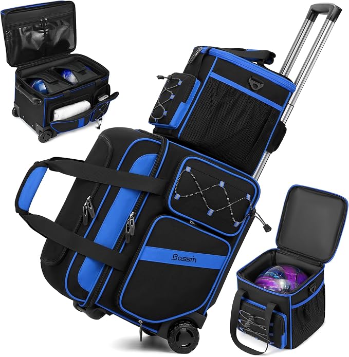 BOSSTIN 3 Ball Bowling Bag with Wheels, 2 Ball Bowling Bags Double roller with 1 Ball Add On Bag, Multi-Pockets & Shoe Compartment (Fits Up to Size 15)