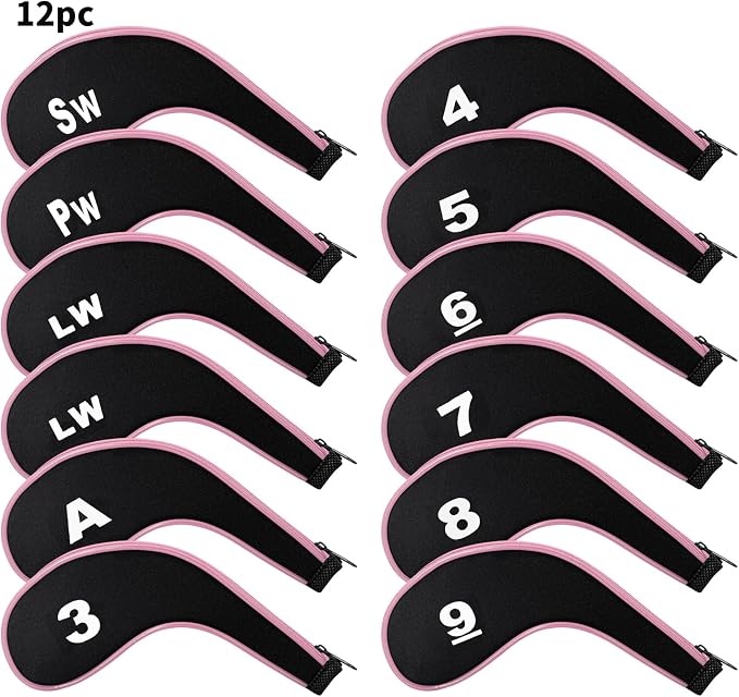 Golf Club 12pcs Thick Synthetic Zipper Long Neck Set Headcover Fit The Most Brands, Side Number Golf Iron Club Head Cover LW SW PW Covers #3,4,5,6,7,8,9
