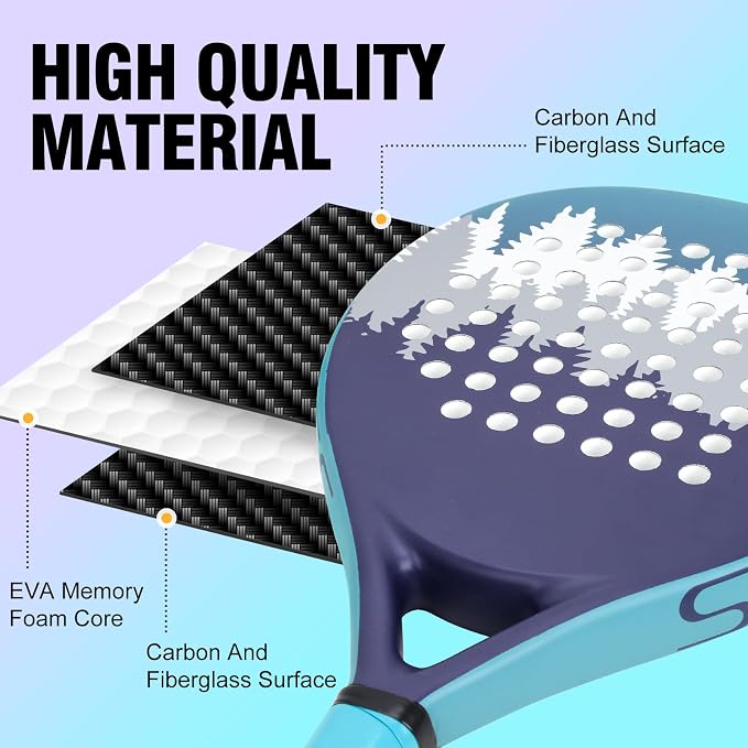 Padel Racket, Carbon Fiber Surface with EVA Memory Flex Foam Core, Shock Absorption Large Sweet Spot, Lightweight Pala De Padel for Beginners & Intermediate