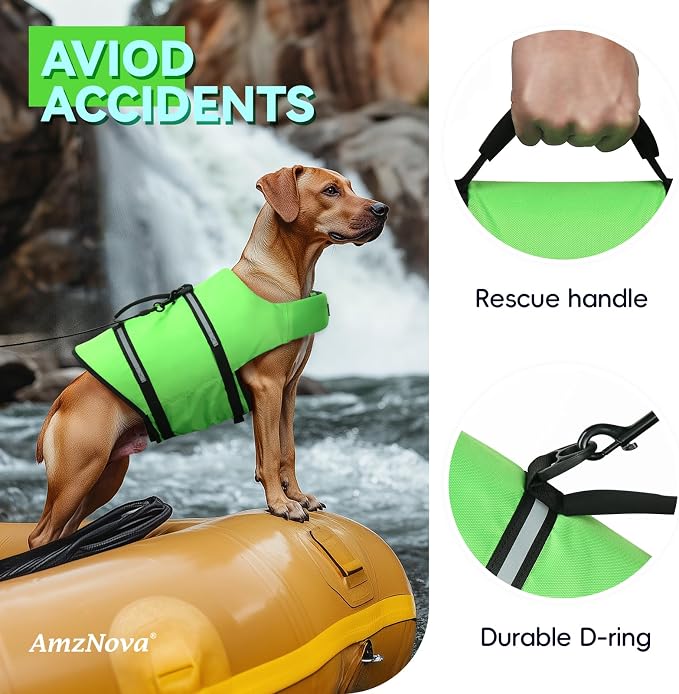 AMZNOVA Shark Dog Life Jacket + Rip Stop Dog Life Jacket, Durable Handle Reflective Buoyance