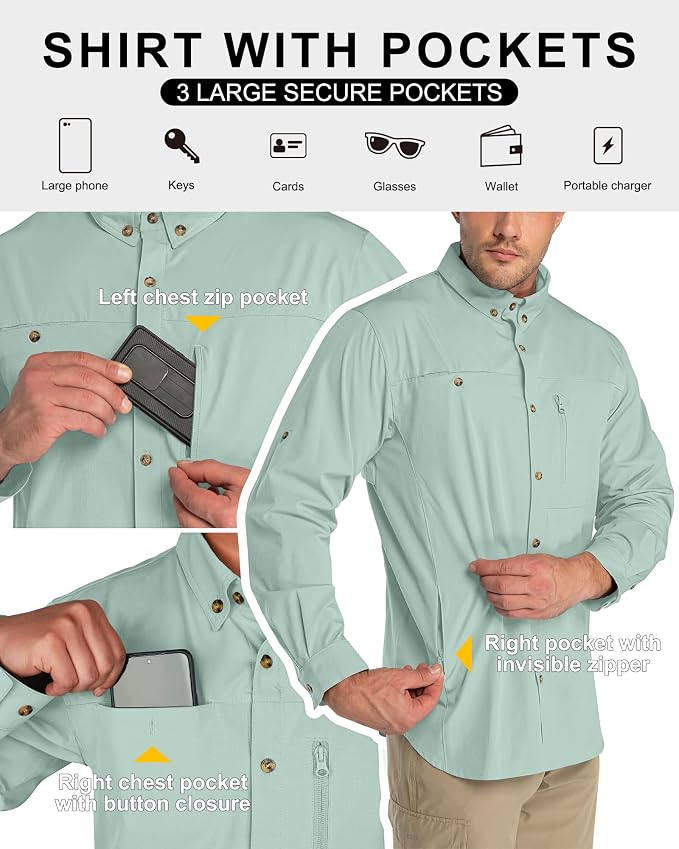 33,000ft Men's UPF 50+ UV Protection Long Sleeve Hiking Shirts Breathable Quick Dry Fishing Shirts for Safari, Outdoor