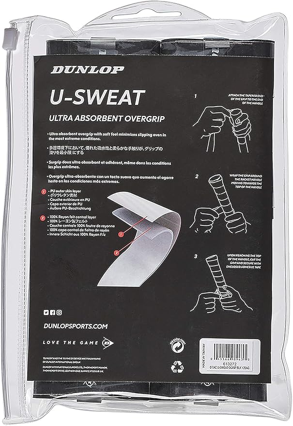 Dunlop Sports U-Sweat Tennis/Squash/Badminton/Padel OVERGRIP (3-Pack, 12-Pack, 30-Pack Roll) (Black & White Colors) (Super Absorbent, Moisture Wicking Construction, Comfortable, Cushioned Surface)