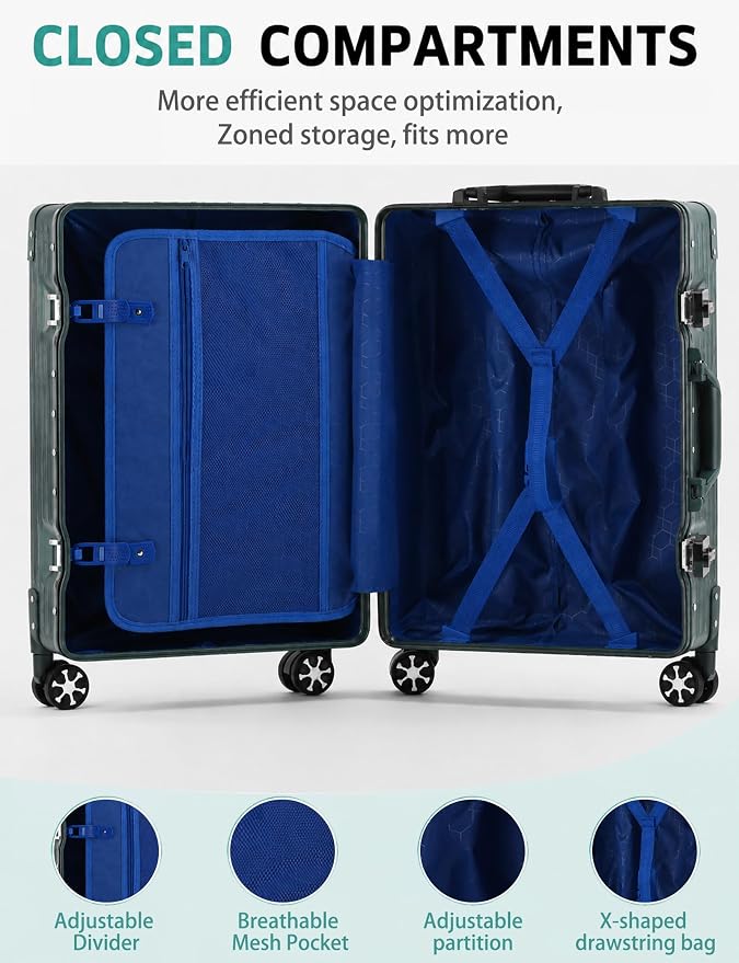 20 Inch Hard Shell Carry On Luggage, Zipperless Carry-on Suitcase with TSA Lock, Aluminum Frame & Spinner Wheels for Travel, 22x14x9 Airline Approved, Green
