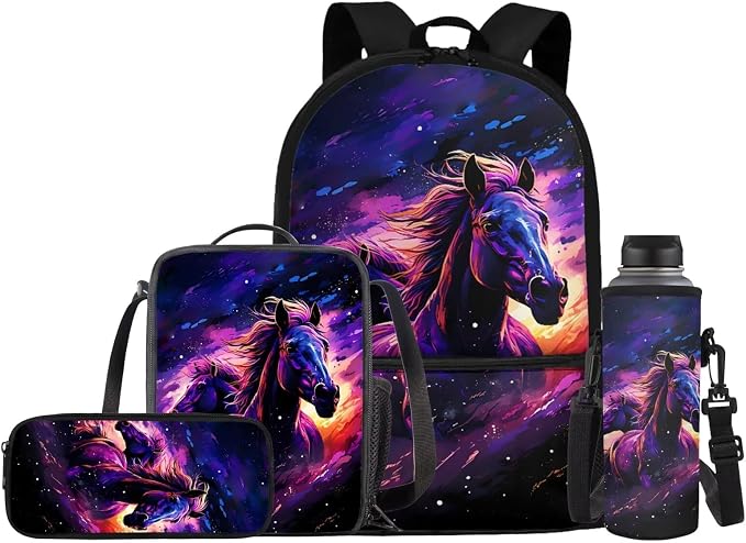 Horse Backpack for Girls School Bags with Lunch Bag Pencil Case Water Bottle Holder Kids Preschool Bookbag 4PCS Elementary School Bag Back to School Accessories