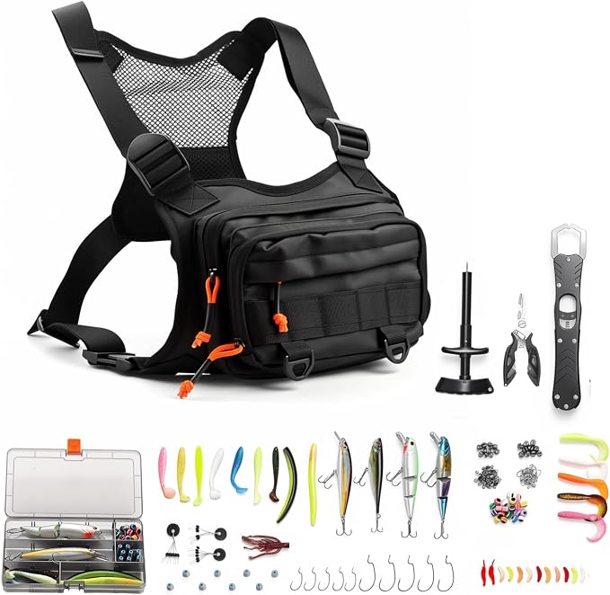 All in One Fishing Chest Pack Tackle Bag with Tackle Box, Fishing Lures Kit | Hook Remover Tool, Fish Lip Gripper, Fishing Plier Friendly for Beginners & Professional Anglers Gifts for Men (Black)