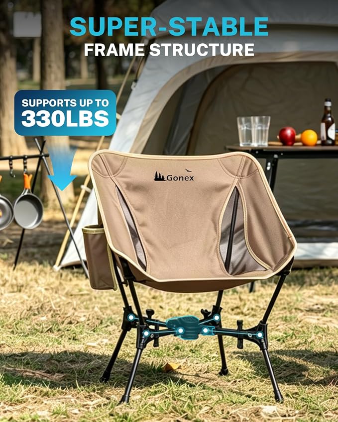Gonex Portable Camping Chair, The 5th Gen Ultralight Compact Backpacking Foldable Lightweight Folding Chair for Outdoor Camp Hiking Beach Picnic Concert, Supports 330lbs (Khaki, 1 PCS)