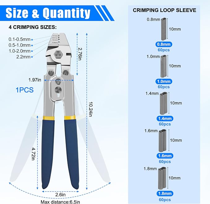 Fishing Crimping Tool Kit Wire Crimping Tool Stainless Steel Fishing Crimping Pliers with 300pcs Aluminum Crimp Sleeves Kit Effort-Saving Wire Crimper Tool, 4 Size Crimp Sleeves Fishing Tackle Pliers