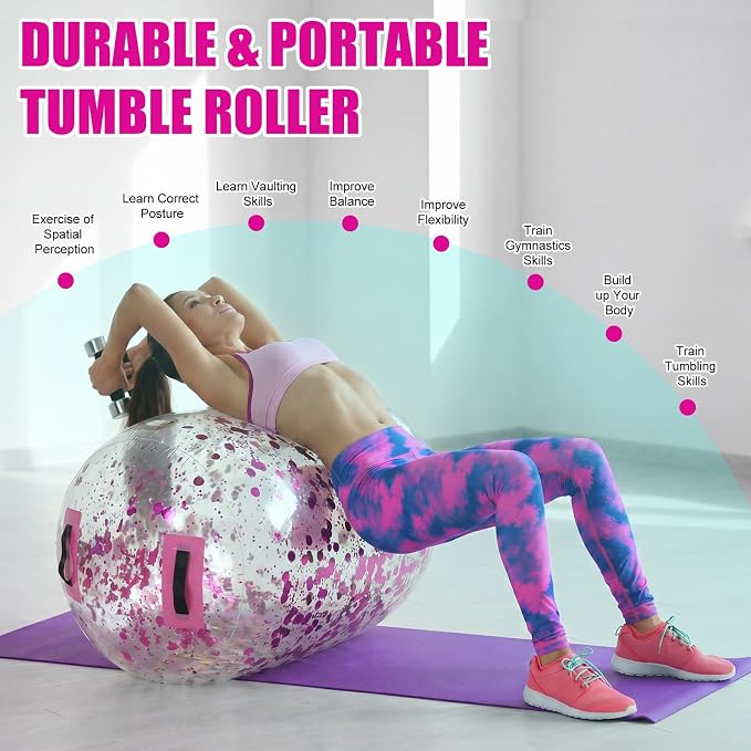 Gemscream Gymnastics Barrel Inflatable Air Roller Mat 40" x 24" Glitter Tumbling Air Barrel Gymnastic Cylinder Tumble Equipment for Back Handspring Trainer Cheerleading Yoga Home Use