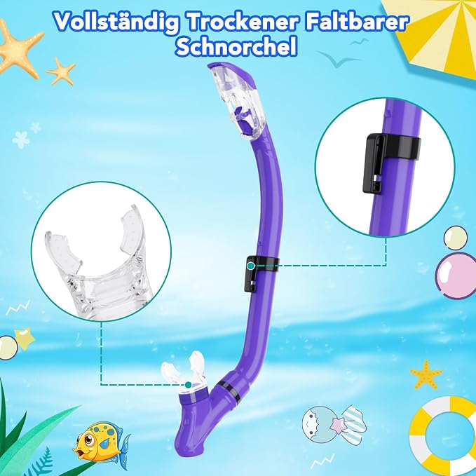 Snorkeling Gear for Kids with Foldable Silicone Full Dry Snorkel, Kids Snorkel Set Anti Leak Youth Junior Snorkeling Package Diving Mask Soft Tube with Mesh Bag Scuba Swimming Goggles