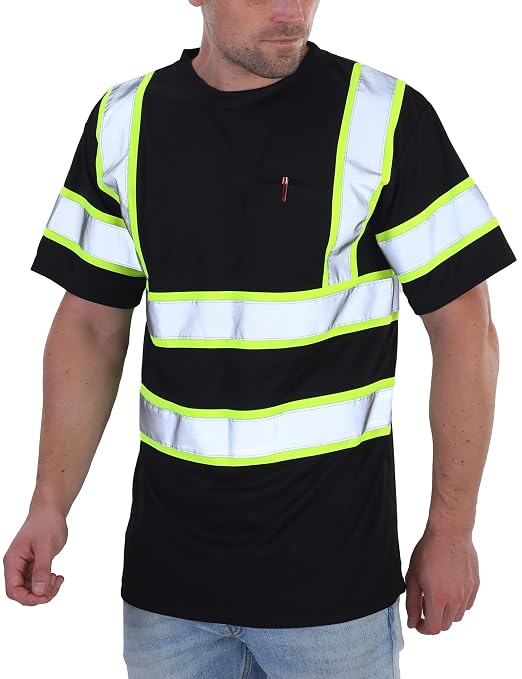 sesafety High Visibility Shirts for Mens Class 3 Hi Vis Reflective Construction Shirts for Men with Pocket Safety T Shirts for Men Work Shirt for Mens Short Sleeve Black Yellow Strips 4XL