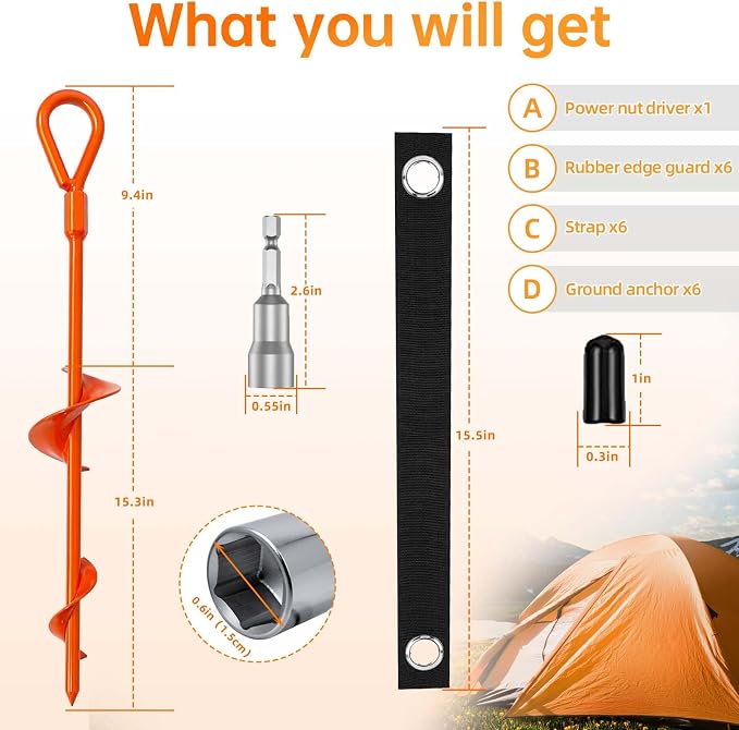 Dongxw Ground Anchors, Shed Anchor Kit - 15 Inch, 4-Pack Spiral Stakes, Ground Anchors Heavy Duty - Strong Wind Resistant for Camping Tents, Carports, Swing Sets, and Canopies - Earth Anchors (Orange)