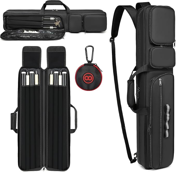 Pool Cue Case 4x4, Pool Stick Case Cue Bag with Hidden Backpack-Strap, Cue Stick Case Holds 4 Butts and 4 Shafts, Billiard Pool Cue Carrying Case with Large Front Accessory Pockets and 1 Cue Ball Case