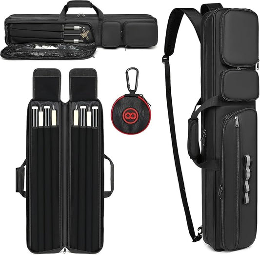 Pool Cue Case 4x4, Pool Stick Case Cue Bag with Hidden Backpack-Strap, Cue Stick Case Holds 4 Butts and 4 Shafts, Billiard Pool Cue Carrying Case with Large Front Accessory Pockets and 1 Cue Ball Case
