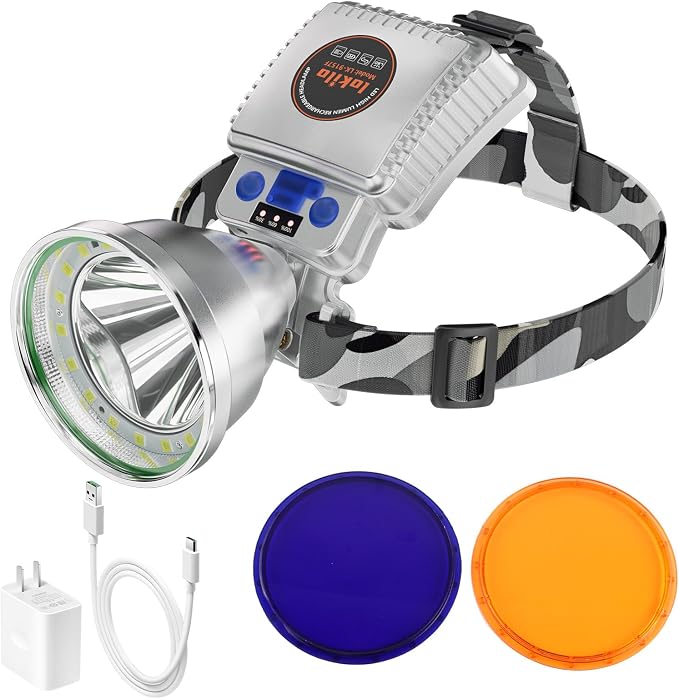 High Lumen LED Rechargeable HeadLamp,Zoomable Bright Headlamp with 5 Modes & IP65 Waterproof, LCD Display, Motion Sensor, Adjustable Headlight for Camping, Outdoors (Spotlight+Floodlight-White Light)