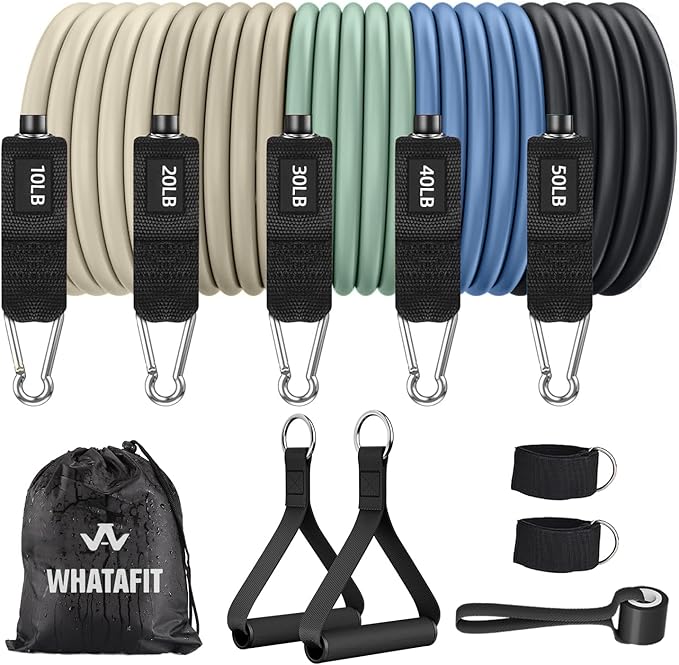 WHATAFIT Resistance Bands, Exercise Bands, Workout Bands with Handles, Door Anchor and Ankle Straps, 5 Resistance Levels Fitness Bands for Strength Training, Physical Therapy, and Home Gym Equipment