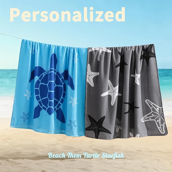 Belista Oversized Beach Towels 4 Pack,40”x70” Microfiber Thin Large Beach Towel Set for Adults Travel Camping Swimming,Turtle Starfish Them Sand Free Quick Dry Lightweight XL Pool Towels -Gray & Blue