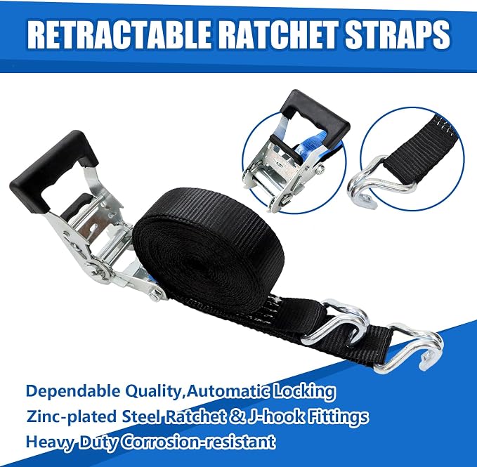 Ratchet Straps Heavy Duty 4Pcs 2.3" x 20ft with 4 Helper Tie Down Ratchet Straps and Storage Bag, Galvanized Zinc Double J Hook for Trailer, Truck, Motorcycle, Cargo Moving - Black