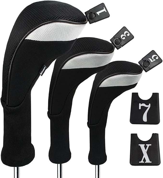 Andux 3pcs/Set Golf 460cc Driver Wood Club Head Covers Long Neck | for Driver Fairway Wood with Interchangeable No. Tags Mesh Breathable material Coloured Piping Pull-On Closure