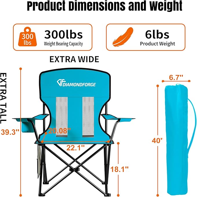 Camping Chair, 300 LBS High Back Breathable Mesh Lawn Chairs Folding (Blue) | Portable Outdoor Folding Camping Chairs for Adults, with Cup Holder for Picnic, Lawn, Beach, Park, Fishing and Sports