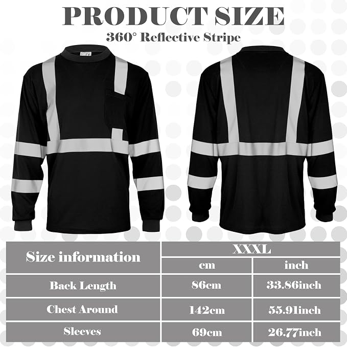 Amylove 4 Pcs Long Sleeve Safety Shirt High Visibility Reflective Construction Work Shirts for Men Women(XXXL,Black)