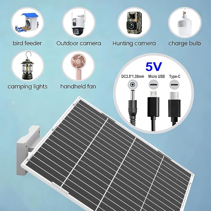 20Watt Solar Panel Kit with Built-in 31200mAh Battery Output: 5V/1A Features USB-C, Micro-USB, and DC 3.5 * 1.35mm Ports Compatible with Security Cameras, Outdoor Lights & More