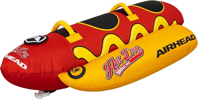 Airhead Hot Dog Towable Tube for Boating, 1-5 Rider Inflatable Boat Tube for Water Tubing, Full Nylon Cover, EVA Padding, Foam Padded Handles w/Neoprene Knuckle Guard, Speed Safety Valve
