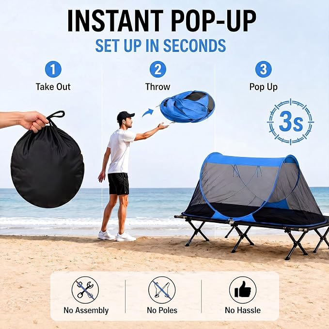2 Pack Pop up Mosquito Tent for Camping 1 Person Instant Setup Foldable Bug Net Cot Tent with Ground Pin Portable Waterproof Screen Net for Cot Bed Hiking Summer Beach Outdoor