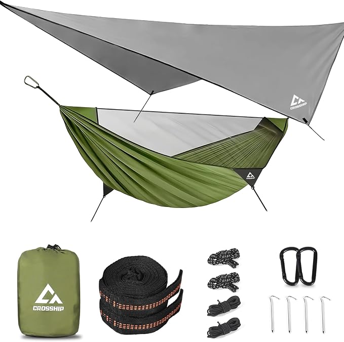 Camping Hammock Mosquito Net with Rain Fly - Portable Parachute Nylon Backpacking Hammock for Outdoor, Hiking, Backpacking, Backyard, Beach, Travel (Hold Up to 500lbs)