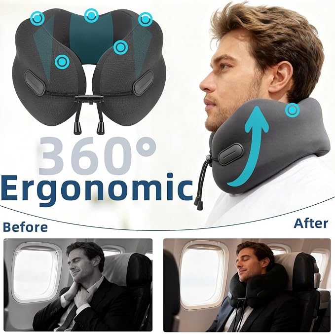 Ergonomic Travel Neck Pillow for Airplane, Memory Foam Support for Long Haul Flight Headrest, Soft Compact U Shaped for Adult Men Plane Sleeping, Portable Carry Box, Eyemask, Earplugs, Size L