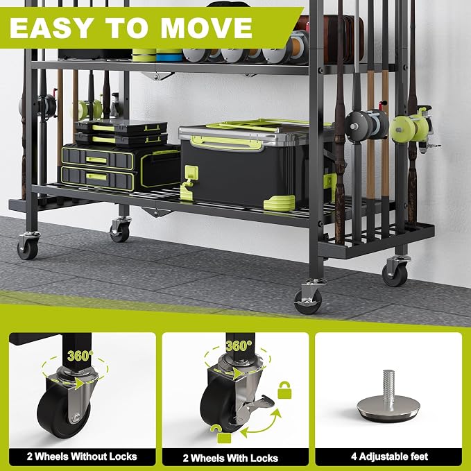 Fishing Rod Holders for Garage, Fishing Rod Stand with Wheels and Pegboard, 3-Tier Pole Storage Rack with 8 Hooks and 12 Rod Slots, Ideal for Tackle, Backpacks, and Gear