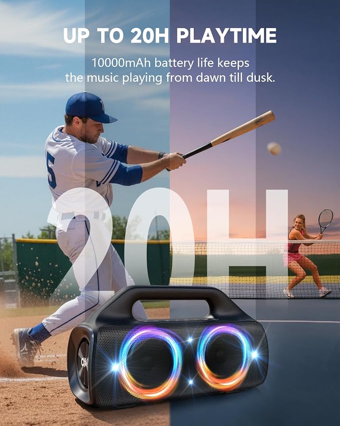 IP67 Waterproof Bluetooth Speaker:80W(Peak) Loud Outdoor Portable Wireless Party Speakers with LED Lights,20H Playtime,Bluetooth 5.3,Deep Bass & TWS for Pool,Beach (Black)
