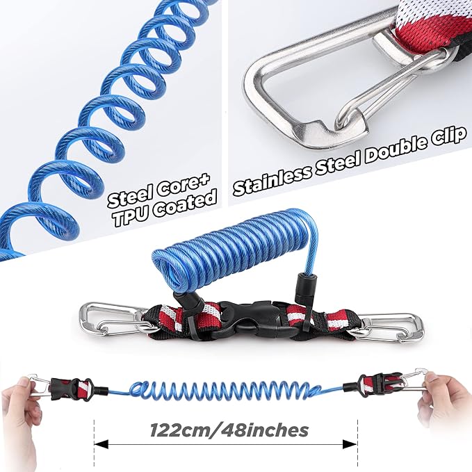Scuba Retractable Lanyard, Stainless Steel Double-Clips and Spiral Core Anti-Lost Lanyard with Quick-Release Buckle