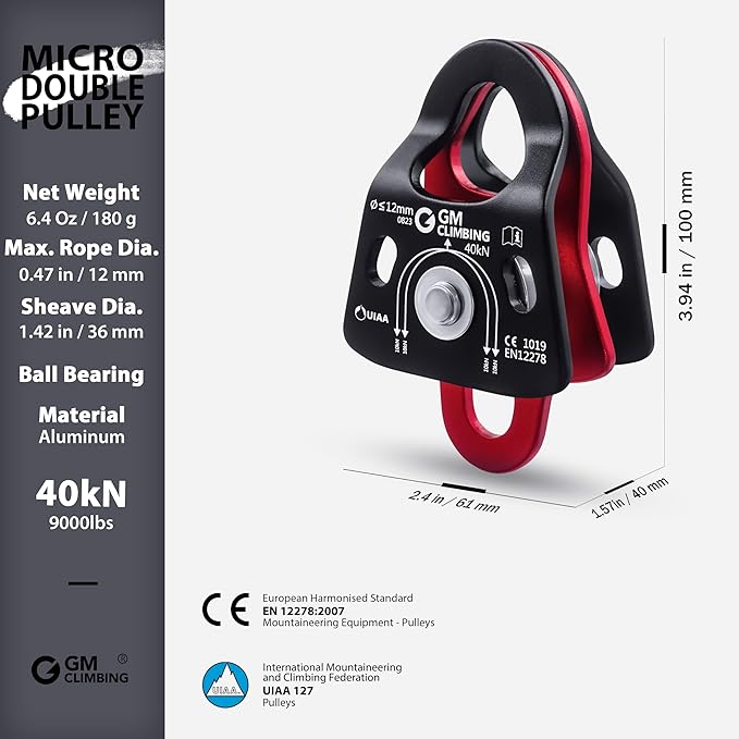GM CLIMBING 40kN Micro Double Pulley Prusik Minding Ball Bearing UIAA CE for Progress Capture System Rigging Hauling Rescue Arborist Tree Climbing