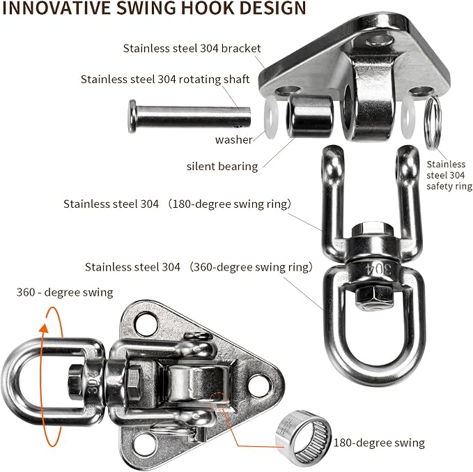 Stainless Steel Swing Hanger Heavy Duty 180°+360° Swivel Swing Hook Swing Hardware Kit for Yoga Swing Hammock Chair Porch Swing Sets Heavy Punching Bag 1500 LB Capacity