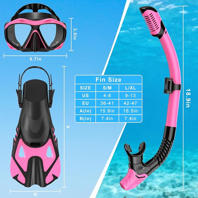 Snorkeling Gear for Adults, Mask Fin Snorkel Set, Dry Top Snorkel Mask, Panoramic View Anti-Leak Anti-Fog 3 in 1 Snorkeling Kit Travel Diving Package with Storage Bag