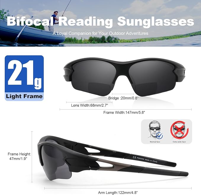Attractive Bifocal Reading Sunglasses for Men, Durable TR90 Semi Rimless Wrap Around Design Sun Readers, UV400 Near-Far Sun Glass Built in Outdoor Sports/Driving/Finshing Dark Glasses, +1.5
