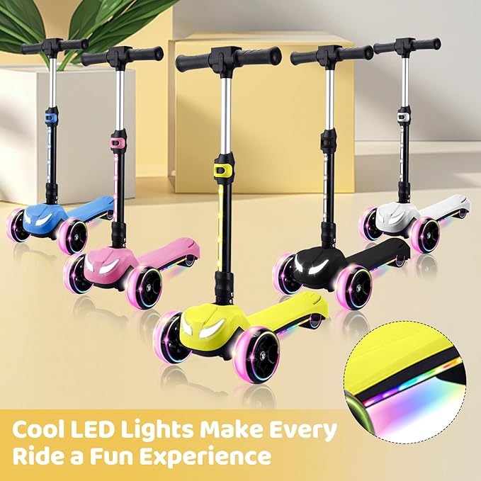 Electric Scooter for Kids w/150W Powerful Motor, Thumb Throttle, LCD Screen, Bluetooth, Light-Up Stem Deck & Wheels, 3 Adjustable Heights, 5MPH Safe Speed, 3 Wheel Electric Scooter for Kids